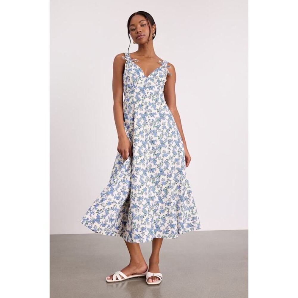 Lulus Fenley Ivory And Blue Ivory Floral Button-front Midi Dress White - Size XL